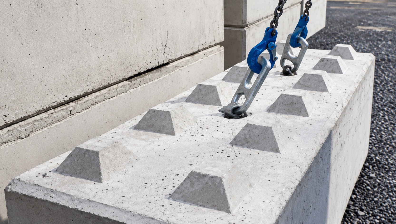 Blocco con gli incastri a tronco di piramide agganciato alle catene di sollevamento, davanti ad altri blocchi accatastati