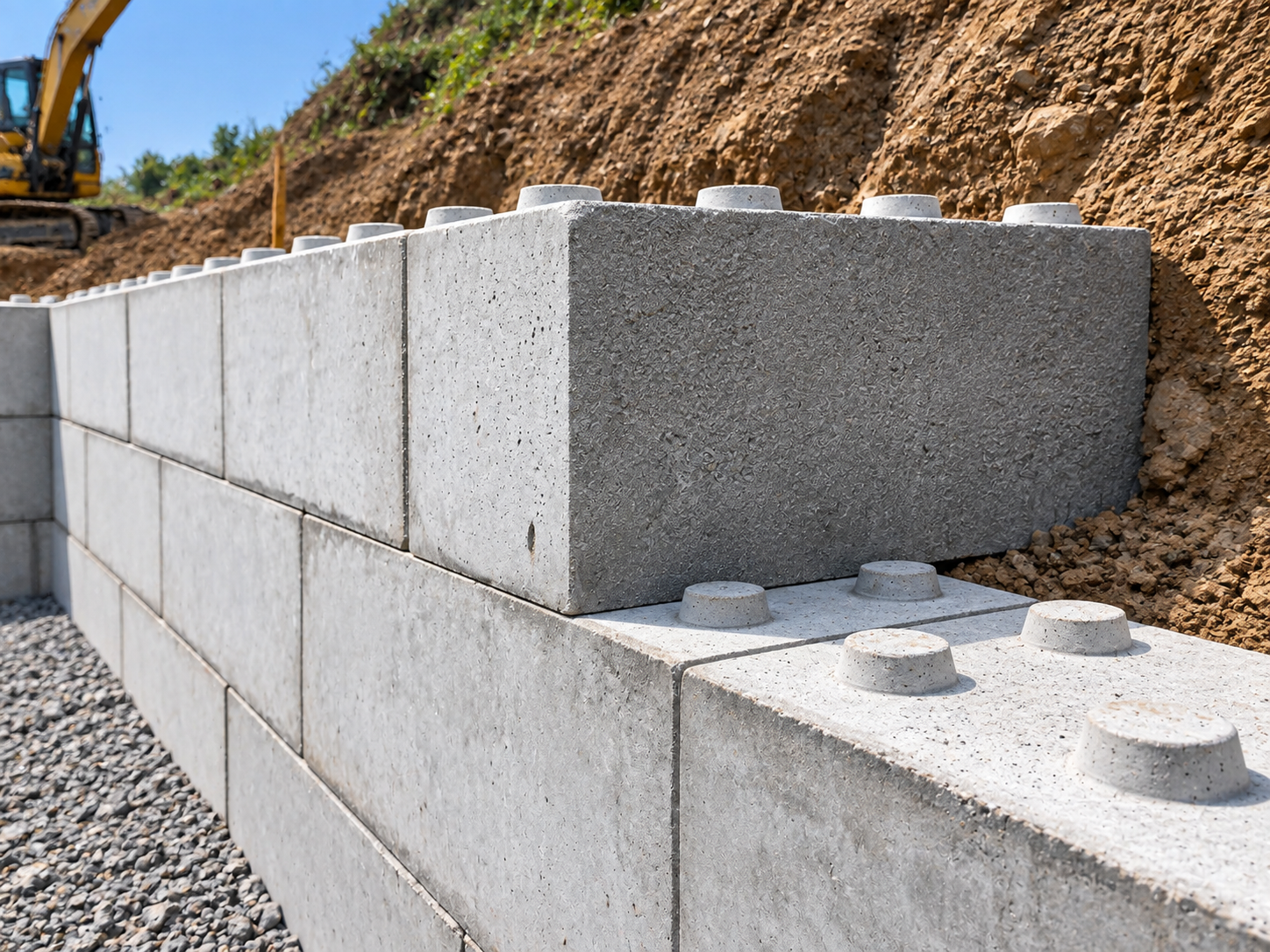 Muro di blocchi in calcestruzzo a incastro che trattiene una scarpata di terra, con un escavatore sul ciglio dello scavo