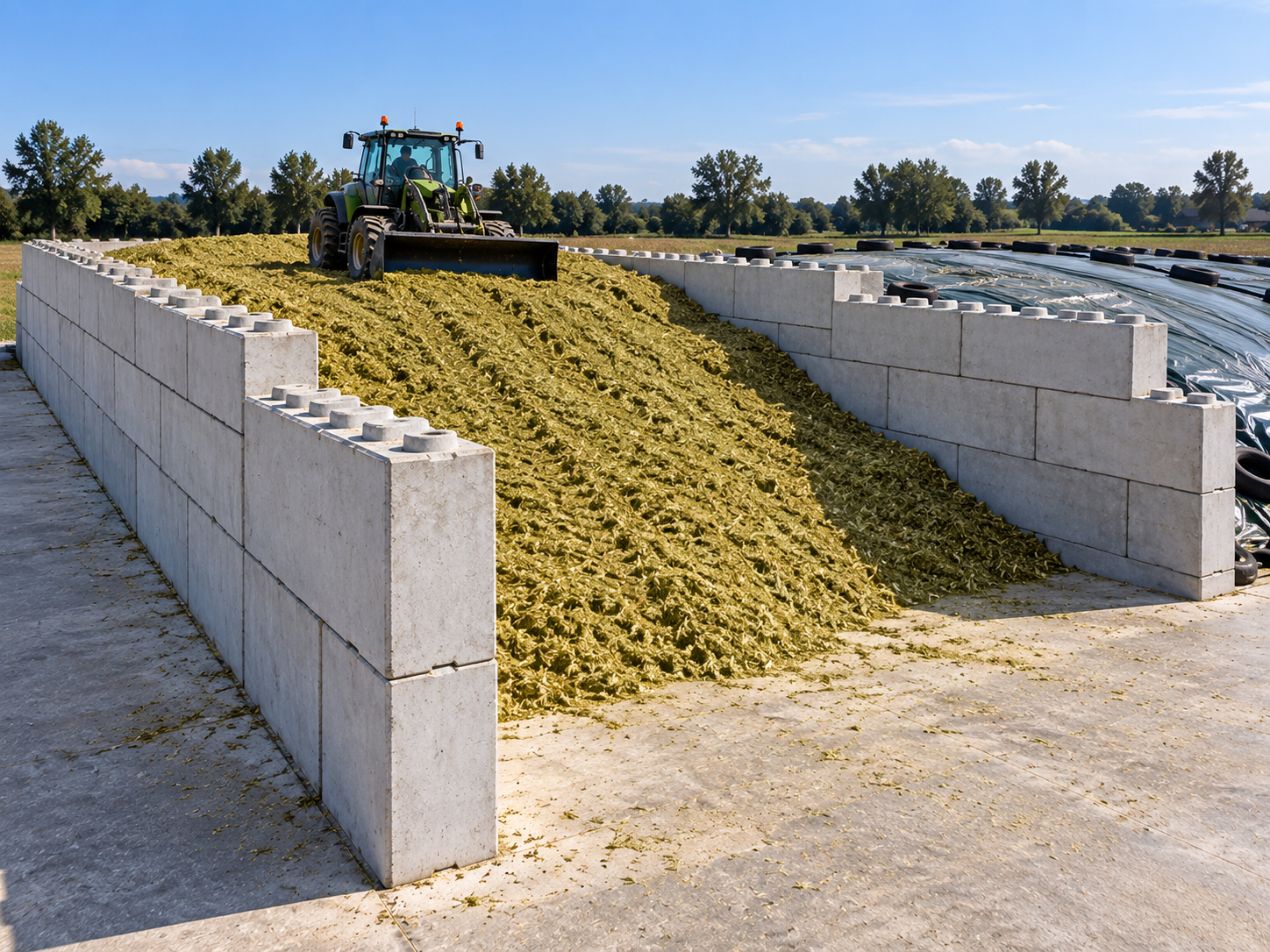 Trincea agricola con pareti in calcestruzzo, foraggio steso sul fondo e telo di copertura