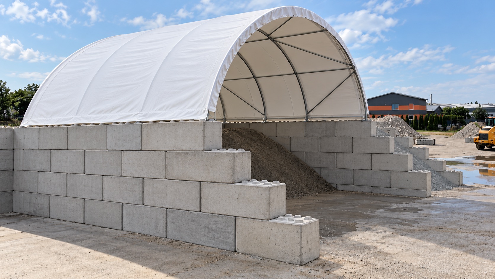 Box a tre pareti in blocchi di calcestruzzo con copertura a tunnel, riempito di materiale sfuso