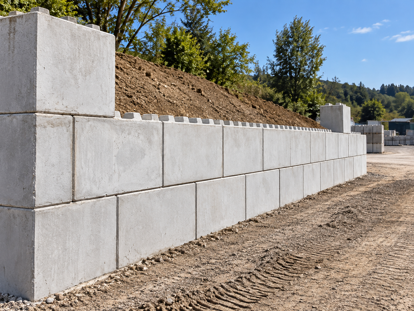 Muro in blocchi di calcestruzzo che delimita una scarpata lungo una pista di cantiere